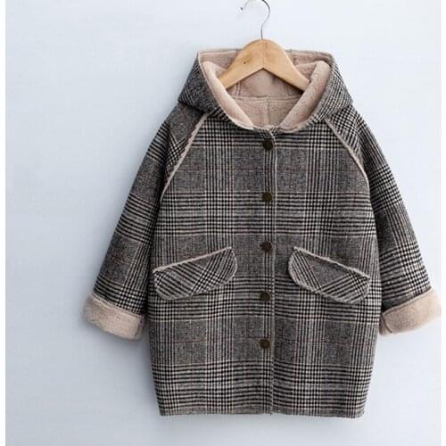 Fashion Kids Girl Plaid Woolen Coats Autumn/ Winter Children Hooded Plus Velvet Thicken Soft Woolen Jackets Teen Warm Outerwear