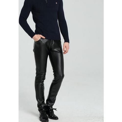 Mens leather thermal trousers autumn and winter plus velvet thickening high waist plus size motorcycle slim mens leather pants