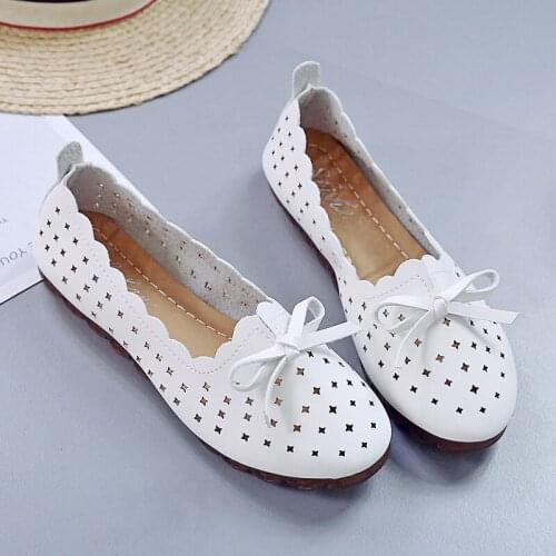 Brand Newest Bowtie PU Round Toe Holes Women Loafers Casual Ballet Flats Shoes 2021