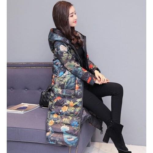 2021 New Winter Print Parkas Women Down jacket Plus size 5XL Thicken Warm Hooded Coat Female X-long White duck down Outerwear