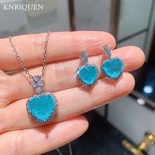 2021 New Arrival 925 Sterling Silver Paraiba Tourmaline Gemstone Lab Diamonds Pendant Necklace Earrings Jewelry Set for Women