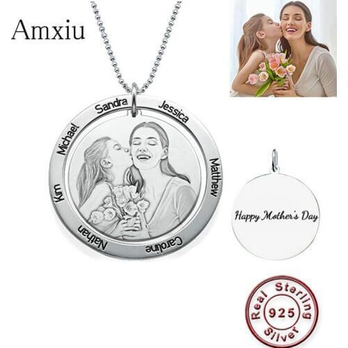 Amxiu Personalized Photo Necklace Custom 925 Sterling Silver Round Pendant Engrave 1-7 Name Necklace For Women Mothers Day Gift