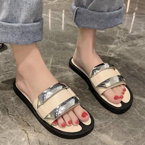 Shoes Slippers Women Summer Low Platform Pantofle Slides Rivet Fashion Soft Flat 2021 Luxury Metal Decoration Bonded Leather PU