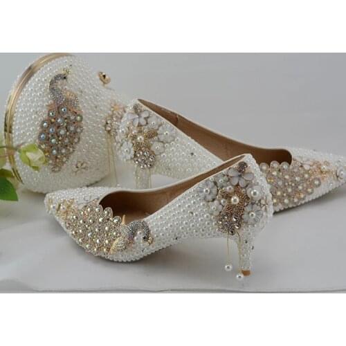 LoveinCrystal Peacock White Pearl Bride Wedding Shoes With Bag Women 7cm Thin Heel Ladies Big Size Party Shoes Girls High heels