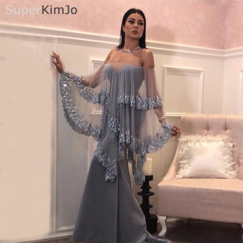 SuperKimJo 2019 Arabic Style Mermaid Evening Dresses Long Gray Sequin Beaded Dubai Caftan Robe De Soiree Longue
