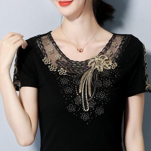 Women Summer New Long Sleeve V-Neck Lace Floral Shirts Casual Floral Embroidery Chic Slim T Shirt 2021
