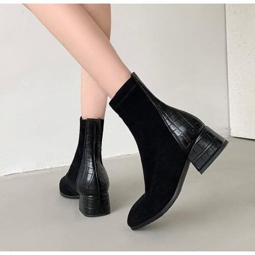 Stretch Flock Boots Women Thick Heels High Ankle Sock Boot Female Square Toe Shoes Ladies Fashion Shoes Autumn Plus size 31-43