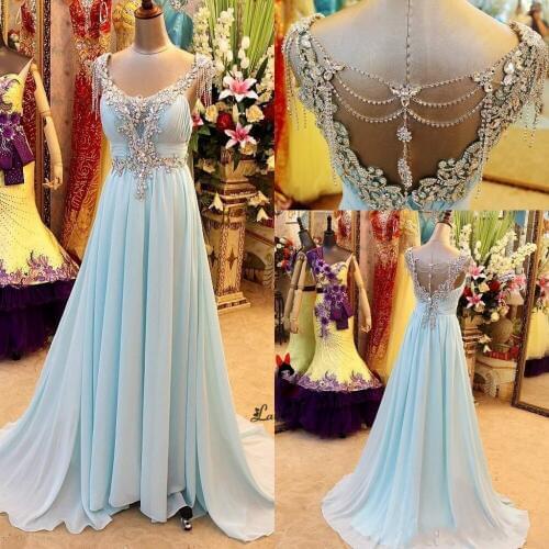 Baby Blue Rhinestones Long Prom Dresses 2018 Women Pageant Chiffon Crystals Special Occasion Formal Evening Gowns Formatura