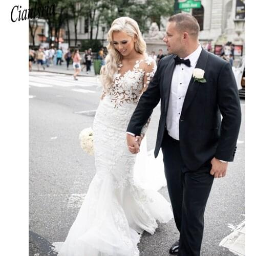 Loverxu Sexy Illusion O Neck Lace Mermaid Wedding Dresses 2021 Embroidery Appliques Court Train Trumpet Vintage Bridal Gowns