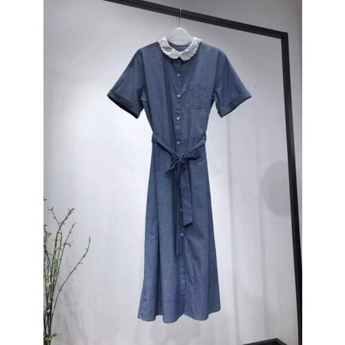 Top Version Ladies Cotton & Linen Blend Short Sleeve Midi Dress Features With Waist Ties & Lace Patchwork CollarTop Version Ladi