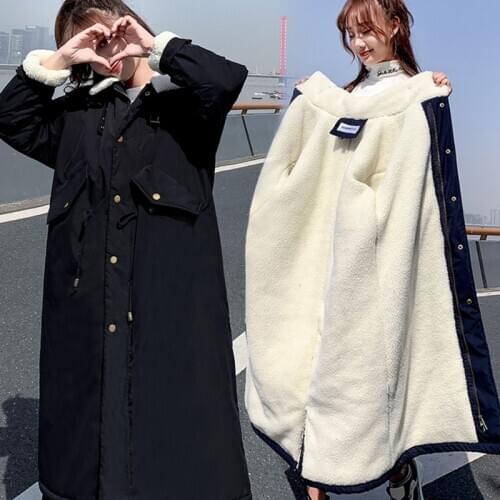 Winter Women Cotton Coat Loose Plus Size Stand-up Collar Zipper Lady Plus Velvet Warm Long Lambswool Jacket Mujer Chaqueta A006