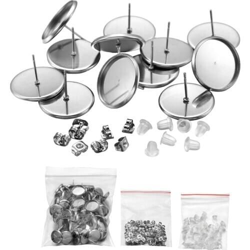 150Pcs/lot 8-25mm Stainless Steel Blank Cabochons Earring Studs With EarPlugs Silicone Earplug Ear Back For DIY Jewelry Making