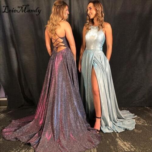 2021 Long Sexy Split Prom Dresses With Pockrt Chic Criss Cross Backless Sequined Dress Woman Party Night Rochii Vestido de festa