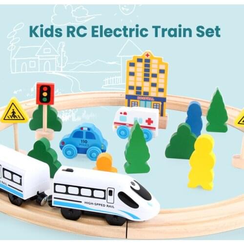 33PCS Kids RC Electric Train Set Locomotive Magnetic Train Diecast Slot Toy Wooden Train Railway Track Toys for Children Gifts