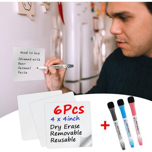 6Pcs Dry Erase Whiteboard Sticker 4x4 inch Flexible Pad Fridge Sticky Memo Message Boards with Magnetic Erasable Whiteboard Pens