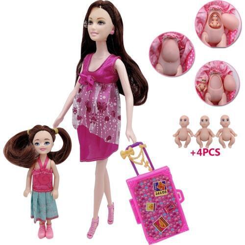 11.5 "inch solid body Barbies pregnant Barbies doll + 5" small doll + suitcase children toys package doll accessories