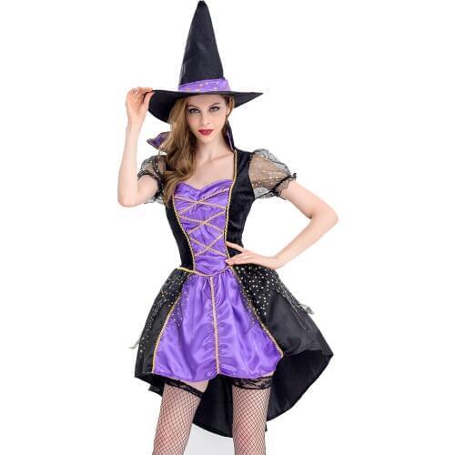 Free Shipping Sexy Adult Witch Costumes Women Tailcoat Dress Purple Swallowtail Clothes for Halloween / Xmas Party Coser