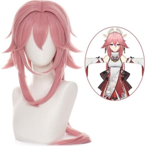 Game Genshin Impact Yae Guuji Pink Long Wig Cosplay Costume Heat Resistant Synthetic Hair Yae Miko Women Wigs