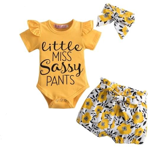 Newborn Toddler Baby Girls 0-24M Clothes Sets 3pcs Baby Romper Tops Pants Shorts Headband Girls Clothing Baby Summer Outfits