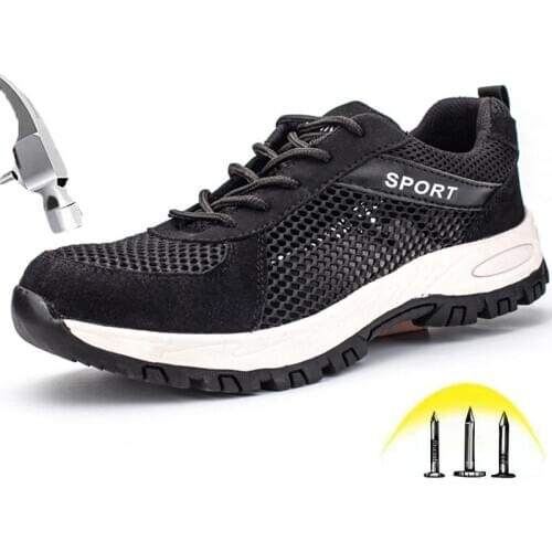 Mens Breathable Mesh Safety Work Shoes with Steel toe Summer Male Outdoor Comfortable Puncture Proof Indestructible Sneakers