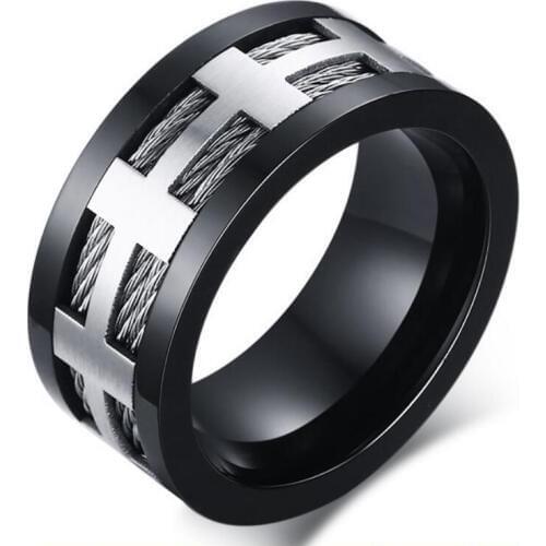 Punk Men Engagement Rings Fashion Black Cross Charm Wedding Rings for Men Stainless Steel Wire Spike Rings