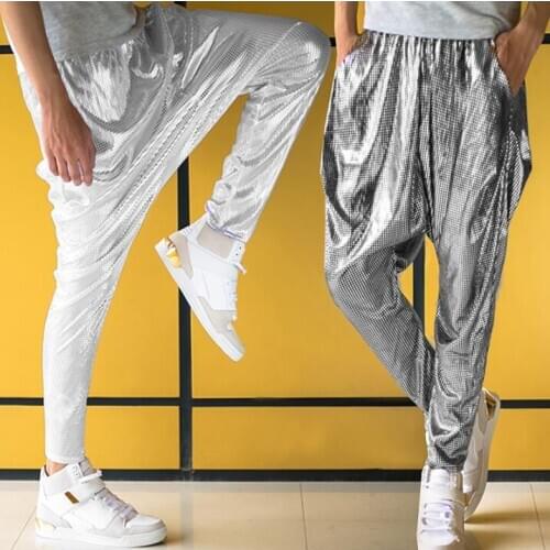 Stage personality mens pants Hip hop Metal color Hot stamping harem pant men trousers singer dance rock street star style