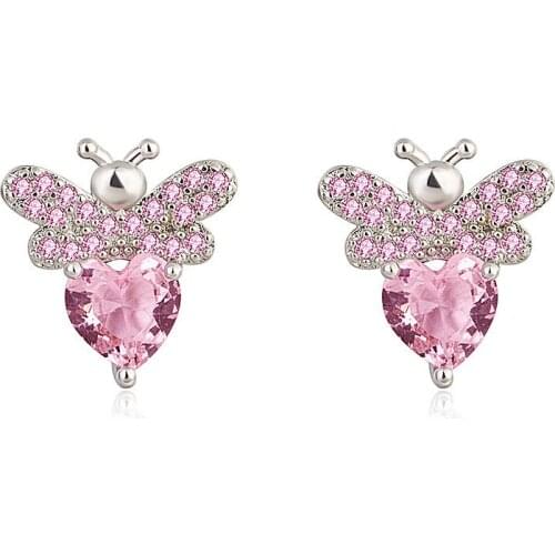 New Fashion Cute Bee Stud Earrings For Women Pink Heart Zirconia Crystal Butterfly Romantic Small Earring Piercing Stud Jewelry