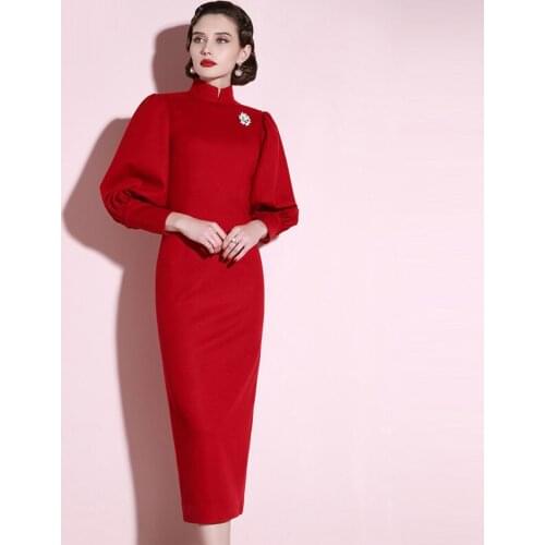 Autumn And Winter Banquet Woolen Cloth Modified Cheongsam WomenS Long Temperament Dress Red Bride Toast Wedding Dress