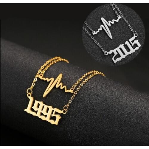 Personalized Year Number Necklace Heartbeat Pendant Stainless Steel Layered Necklaces Gold Chain 1980-2019 Birthday Year Gifts