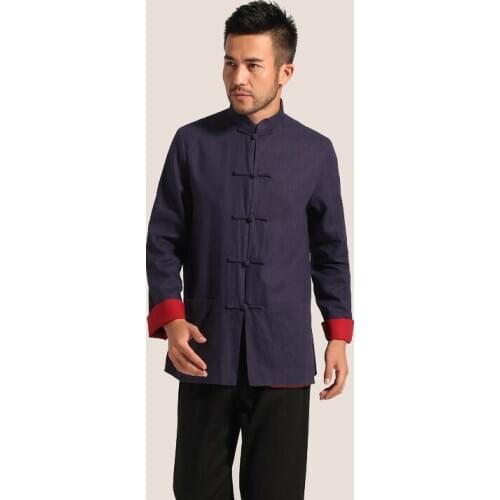 Coat red blue Reversible Mens Long Sleeve Kung Fu Jacket Traditional Chinese Cotton LInen Two Side Tang Suit Frock Coat
