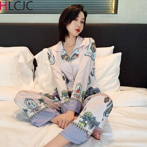 Women Cartoon Pajamas Set Sleepwear Long Sleeve Mujer Pijamas Sexy Lingerie Nightwear Silk Satin Pyjamas Femme Home Clothes