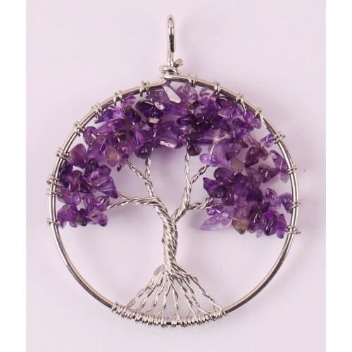 Lucky Handmade Tree of life Natural Purple Crystal Wire Wrap GEM Pendant Jewelry For Gift S598