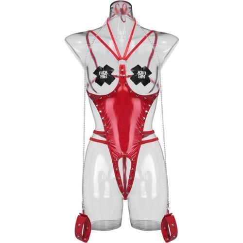 Sexy wetlook Faux Leather Catsuit PVC Hollow Jumpsuit Latex body suit Open Crotch Clubwear fetish hot erotic lingerie bodysuit