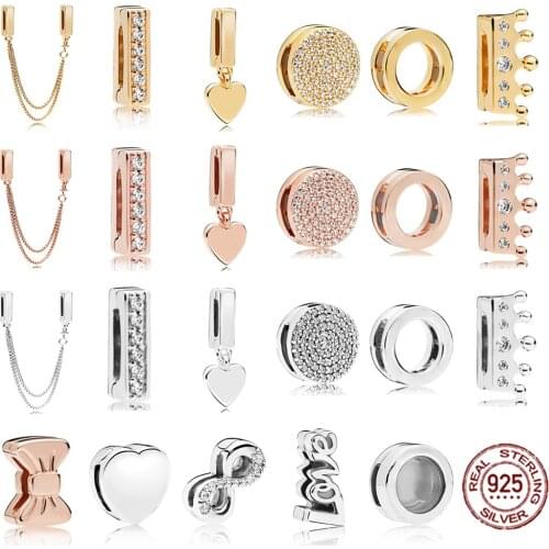 NEW 100% 925 Sterling Silver Reflexions Clip Charm In Shine Gold & Rose Clear CZ Cubic Zircon Fit Girl DIY Bracelet Jewelry Gift