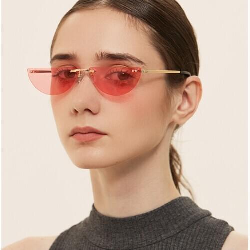 Veshion Half Round Color Lens Vintage Woman Sunglasses Rimless Half Frame Ladies Sun Glasses Cat Eye Metal Pink Blue 2021