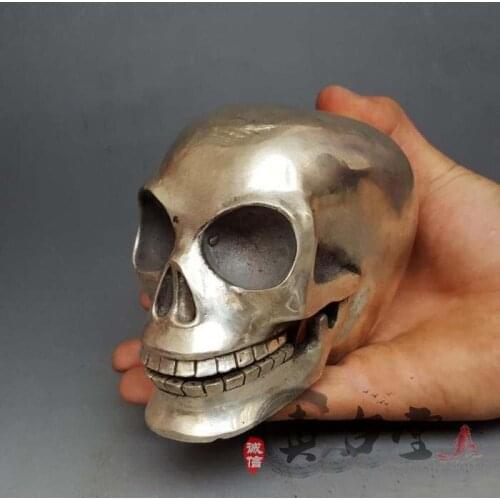 TOP COLLECTION # HOME OFFICE DECOR COOL ART -OLD VINTAGE SILVER SKULL SCULPTURE SILVER PLATING ART STATUE