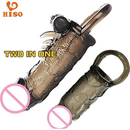 HISO TPE Penis Sleeve Extender Reusable Condom With Cock Ring For Men Textured Lengthen Crude Penis Cover Sheath For Couple