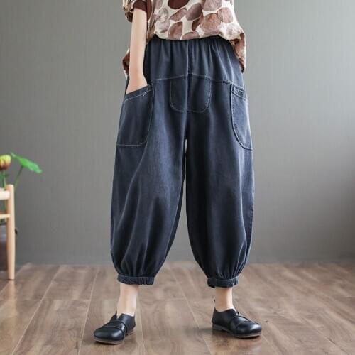 Casual Loose Vintage Black Jeans Summer New Arts Style Women Elastic Waist Cotton Denim Wide Leg Pants All-Matched