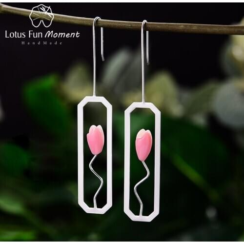 Lotus Fun Moment Natural Shell Lily Flower Dangle Earrings Real 925 Sterling Silver Rectangle Creative Handmade Fine Jewelry for