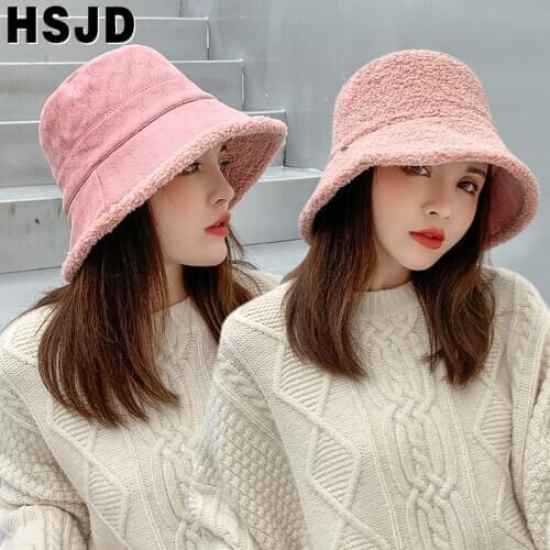 Women Hats Double-Sided Faux Fur Winter Bucket Hat Thickened Soft Warm Wide Brim Fishermans Hat Panama Cap Female Winter Caps