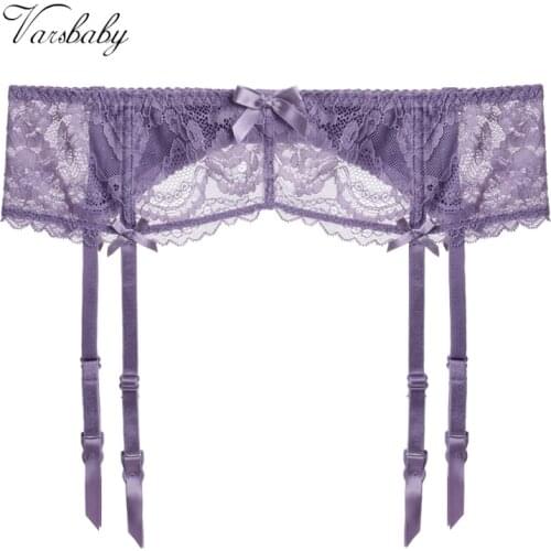 Varsbaby ladies sexy floral hollow lace bowknot underwear romantic purple breathable soft garter belt S M L XL