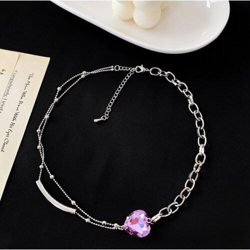 GorGor Necklace Women Alloy Pattern Heart Purple Rhinestones Pendant Creative Minimalist Exquisite Engagement Jewelry XL-086
