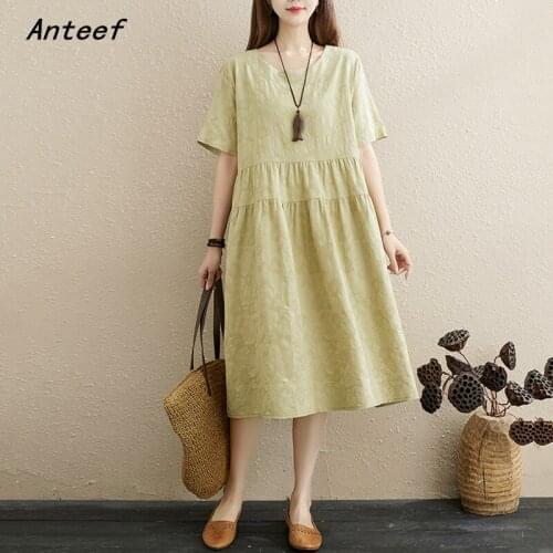 Short sleeve cotton vintage floral dresses for women casual loose midi woman summer dress elegant clothes 2021