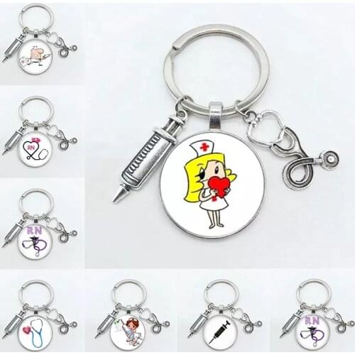 Brand New/High Quality 1 Piece Nurse Medical Syringe Stethoscope Picture Keychain, Glass Cabochon And Glass Dome, Key Ring, Pend