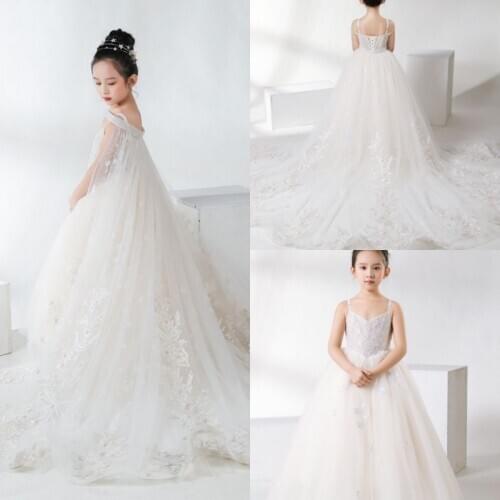 2019 Fashion Flower Girls Dresses with Wrap Spaghetti Straps Lace Tulle Girls Pageant Gowns First Communion Dress