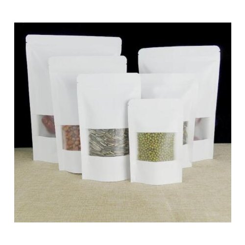 3 Size White Kraft Paper Bag With Window Stand Up Pouch With Zipper Dried Fruit Nut Tea Packaging Bag