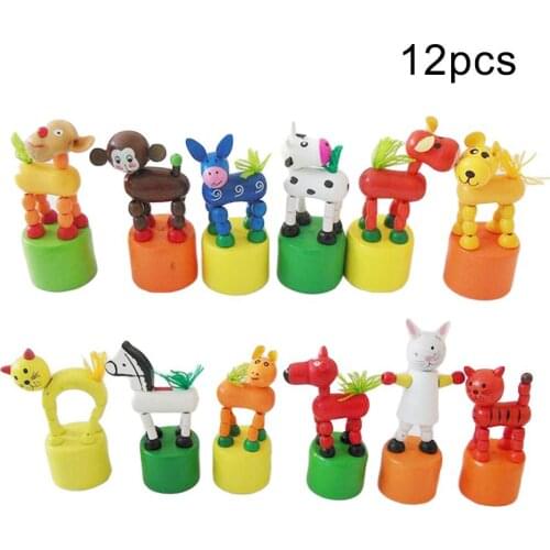 12Pcs/Set Wooden Animal Push up Press Moving Doll with Base Interactive Kids Toy Funny Children Gift Tabletop Ornaments
