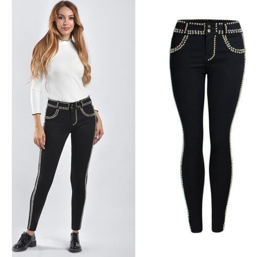 Jeans Women Black Slim Stretch Denim Feet Pants Low Waist Bead Stud Rivet Jeans For Women Clothing Vintage Pencil Pants Female