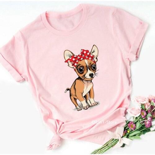Cute Chihuahua With Headband Animal Print Tshirt Women T Shirt Summer 2021 Pink Top Female Tshirt Girl Streetwear Dog Lover Gift