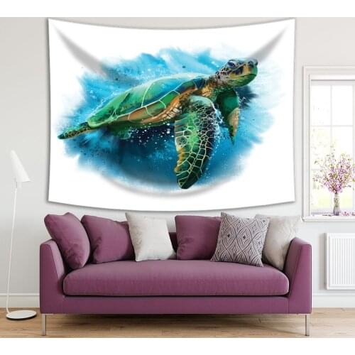 Tapestry Big Sea Turtle Swimming in Sea Underwater Wild Life Nature Watercolor Painting Art Blue Green